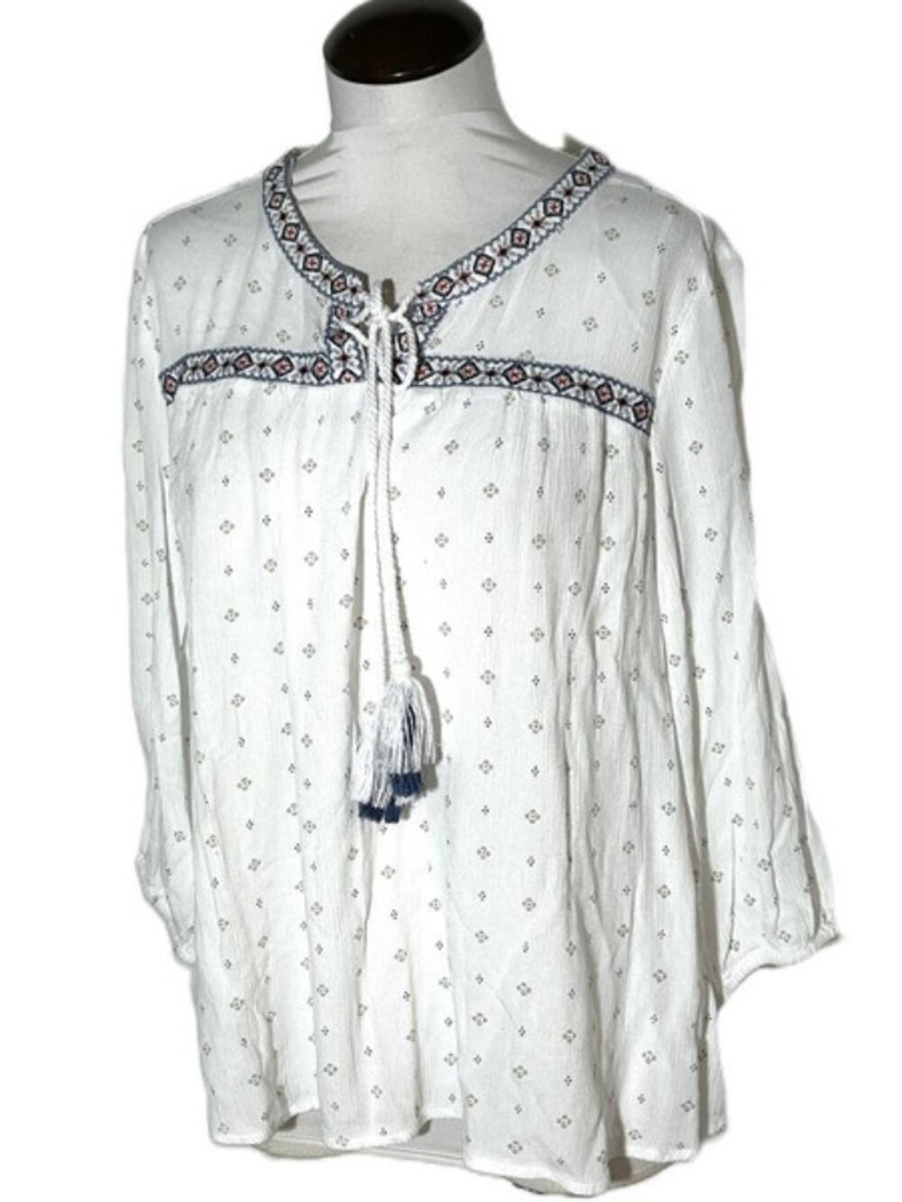 Caffe Marrakesh Boho Peasant Blouse 3/4 Sleeves White w Blue Red Trim Sz Large